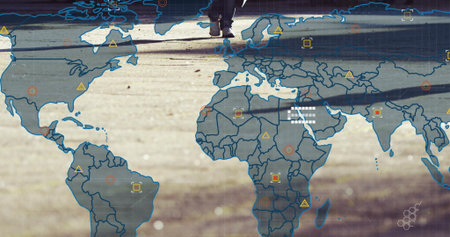 Walking hiker's legs casting shadow on sunlit park trail, with world map overlay and data icons. Adventure, exploration, outdoor, technology, connectivity, nature, navigationの写真素材