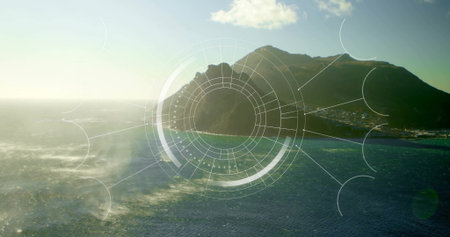 Showing rocky mountain coastline via HUD overlay at coast with whitecaps, settlement, cumulus cloud. Dramatic, scenic, exploration, technology, adventure, rugged, sophisticatedの写真素材