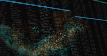 Animating glowing teal particles swirling over interface, with redacted code columns and bars. Futuristic, data, digital, technology, interface, visualization, dynamicの写真素材