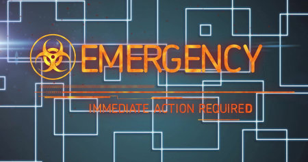Displaying orange biohazard with EMERGENCY, IMMEDIATE ACTION REQUIRED on panel, neon blue grid. Warning, alert, cybersecurity, technology, digital, futurism, hazardの写真素材