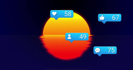 Shining sun sending notification bubbles showing counts over ocean horizon with red reflection....