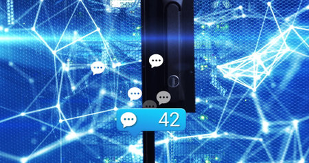 Floating blue notification bubble presenting 42 over data center server cabinet, with chat bubbles....