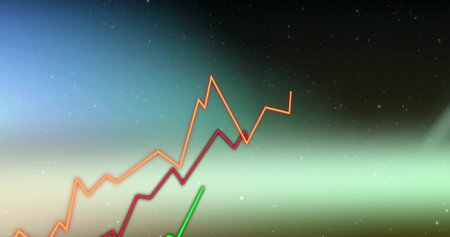Displaying jagged orange red green lines rising and falling on cosmic backdrop, data analytics. Futuristic, abstract, vibrant, data, technology, digital, spaceの写真素材