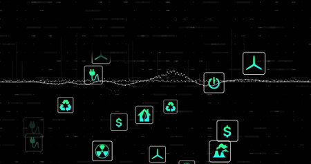 Displaying stylized dashboard showing floating green plug icon above white waveform, sustainability. Technology, innovation, renewable, electrification, digital, environmental, futuristicの写真素材