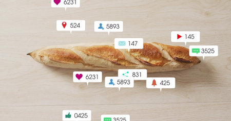 Floating social media notification icons orbiting French baguette on wooden tabletop, digital art. Artistic, digital, modern, social media, flat lay, minimalistic, illustrationの写真素材