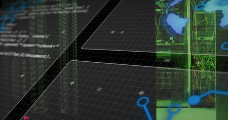 Displaying server racks with network cables at data center, grid panels, globe outlines, copy space....