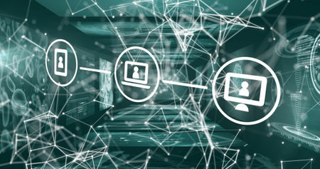 Linking smartphone laptop and desktop monitor icons over server racks with holographic nodes, lines....