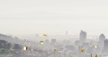 Featuring central skyline cluster shimmering through misty haze at hilltop, with gold star overlays. Urban landscape, cityscape, scenic view, aerial perspective, golden accents, misty atmosphere, panoramic panoramaの写真素材