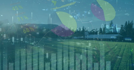 Showing crop rows toward barns at dusk, overlaying charts with bar candlestick line pie elements. Agriculture, data visualization, rural landscape, crop fields, financial analytics, eco-friendly, sunsetの写真素材