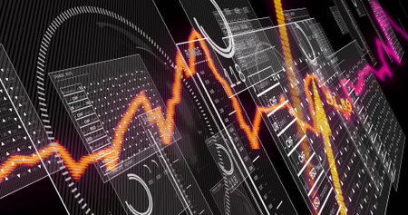 Displaying bright orange line graph floating over digital dashboard, with translucent data panels....