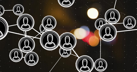 Displaying circular user icon nodes linked by thin lines over dark dotted grid, with bokeh lights....