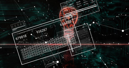 Hovering red glowing light bulb icon on digital grid, with numbered panels, white nodes, red beam. Technology, innovation, connectivity, futuristic, cyber, digital, data visualizationの写真素材