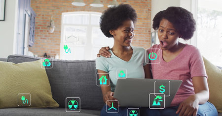 Exploring mother and daughter navigating renewable energy options in living room, with eco icons....