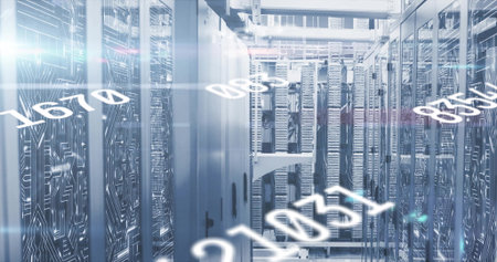 Shimmering server racks displaying LED lights in data center corridor, with floating binary digits....