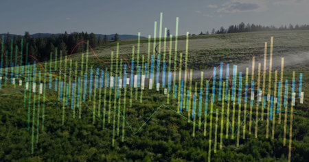 Displaying translucent multicolored bar chart and line graphs on hillside farmland, data analysis....
