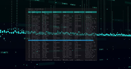 Displaying table showing redacted column headers with numeric streams, waveform in matrix console. Cybersecurity, data, technology, digital, network, interface, futuristicの写真素材