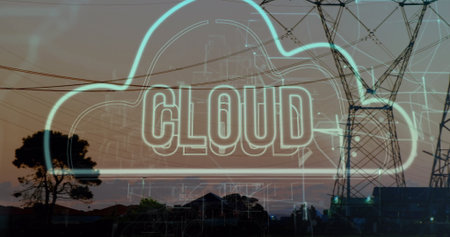 Glowing cloud-shaped graphic floating over city street at dusk, featuring transmission towers. Urban, skyline, neon, technology, infrastructure, evening, atmosphereの写真素材