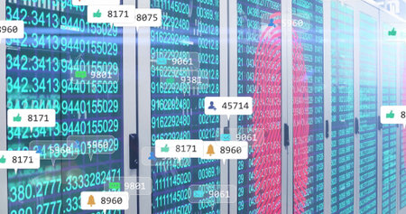 Streaming server racks displaying code streams and notifications in data center, fingerprint icon....