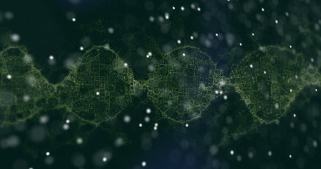 Twisting green network helix spanning view in dark virtual space, with white glowing particles. Molecular, digital, futuristic, scientific, visualization, innovation, abstractの写真素材
