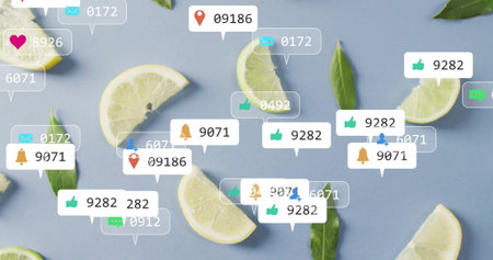 Displaying lemon-lime wedges and green leaves on blue surface, with floating social media icons. Fresh produce, digital engagement, vibrant colors, healthiness, social interaction, flat design, online communicationの写真素材