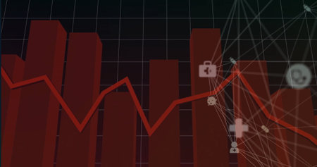Displaying red bar graphs with overlaid line graph on digital dashboard, showing network icons. Analytics, data visualization, technology, digital interface, futuristic, business intelligence, dashboardの写真素材