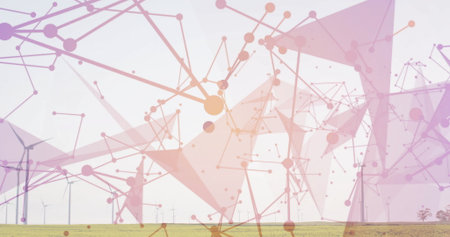 Showing abstract nodes and lines with translucent triangles over grassy wind farm plain and trees. Sustainability, renewable, technology, innovation, ecofriendly, energy, futurismの写真素材