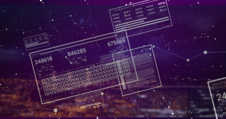 Floating translucent UI panels over city skyline, showing keyboard layout, tables and network nodes. Lights, connectivity, futuristic, data, innovation, technology, urbanの写真素材