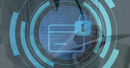 Standing female professional analyzing folder icon at office holding clipboard and padlock icon. Technology, cybersecurity, data protection, digital interface, corporate, professional, innovationの写真素材