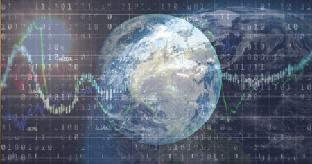 Rotating Earth globe showing binary overlay in data space, with colored line graphs and percentages. Globes, data visualization, digital analytics, financial trends, futuristic design, technological, virtual environmentの写真素材