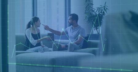 Coworkers in business attire discussing data metrics in lounge with tablet and line chart overlay. Collaboration, analytics, modern, workspace, communication, professional, growthの写真素材
