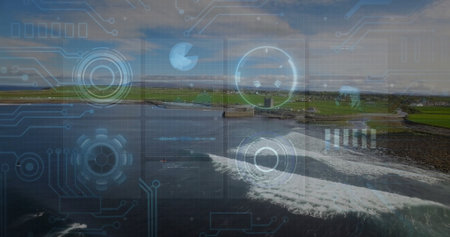 Displaying coastal breakwater jutting into rough sea, roads, farmland, farm buildings, HUD graphics. Maritime, navigation, technology, landscape, rural, surveillance, monitoringの写真素材