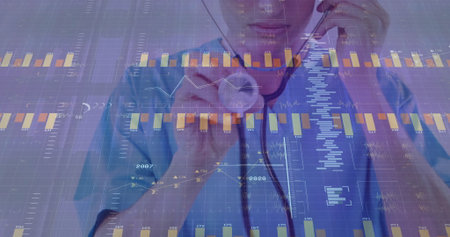 Pressing stethoscope against chest, male healthcare professional in digital interface, data charts. Medical, technology, analytics, digital, biotech, precision, innovationの写真素材