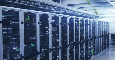 Operating servers housed in cabinets lining data center aisle, with blinking LED indicators....