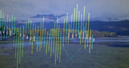 Overlaying financial chart over lakeside meadow and autumn trees, with bars, line graphs, grid. Nature, tranquility, data visualization, outdoor, landscape, analytical, scenicの写真素材