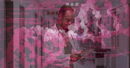 Mature doctor wearing coat using tablet in hospital hallway, with stethoscope and pink DNA helix....
