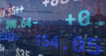 Streaming translucent digital ticker over city skyline at dusk, with floating monetary values. Finance, technology, urban, data, analytics, modern, businessの写真素材