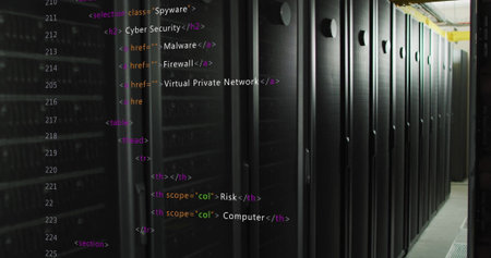 Displaying tall black server cabinets lining data center corridor, with floating HTML code overlay....