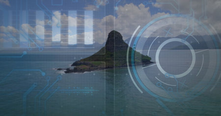 Displaying rocky island rising from ocean waters, with circular HUD gauge and bar-chart overlays. Navigation, marine, technology, futuristic, maritime, interface, explorationの写真素材