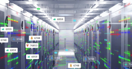 Highlighting server racks glowing with colored LEDs in data center corridor, with floating icons....