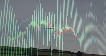 Showing white wind turbine rising above fields, with red green candlesticks, bars, blue line graph. Renewable, sustainable, environment, energy, finance, technology, landscapeの写真素材