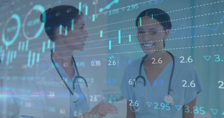 Discussing health data, medical team analyzing charts in lab, with stethoscopes and data interface. Medical, collaboration, innovation, technology, diagnostics, precision, teamworkの写真素材