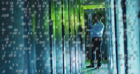 IT technician analyzing server rack in data center corridor, with tablet and floating binary code....