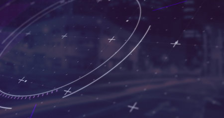 Displaying HUD rings and plus markers over blurred urban street at night, showing faint grid lines. Futuristic, high-tech, digital, interface, cityscape, neon, immersiveの写真素材