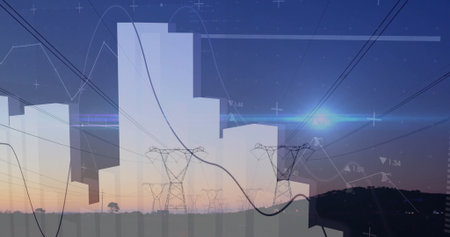Overlaying translucent bar charts and line graphs with numeric markers onto towers at rural dusk. Energy, infrastructure, data visualization, technology, analytics, digital, utilityの写真素材