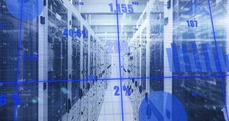 Extending narrow server aisle threading data center, with racks, switches and analytics overlays....