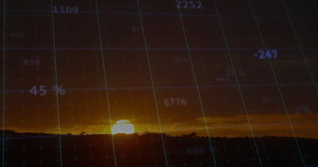 Rising sun disc above rolling hills at horizon, with green grid overlay and white percentage data. Sunrise, landscape, technology, analytics, data visualization, ecological, visualizationの写真素材