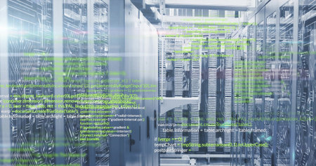 Floating code overlaying data center aisle, featuring server racks with patch cables and LED lights....