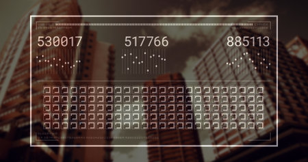 Displaying HUD panel projecting readouts over financial district, with bar charts and grid icons. Futuristic, technology, interface, urban, skyscraper, data, visualizationの写真素材