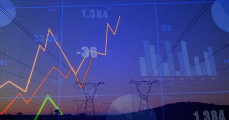 Stretching high-voltage towers across rural horizon at dusk, displaying line charts and bar charts. Energy, infrastructure, data, analytics, technology, power, visualizationの写真素材