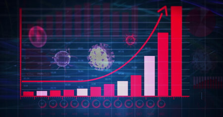 Displaying bar chart rising January through December on screen, tracing red arrow and virus icons. Analytics, data visualization, dashboard, infographics, financial growth, pandemic impact, business intelligenceの写真素材